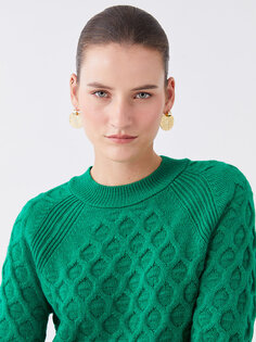 Женский трикотажный свитер с длинным рукавом с круглым вырезом и узором LCWAIKIKI Basic, зеленый