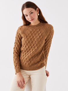 Женский трикотажный свитер с длинным рукавом с круглым вырезом и узором LCWAIKIKI Basic, светло-коричневый