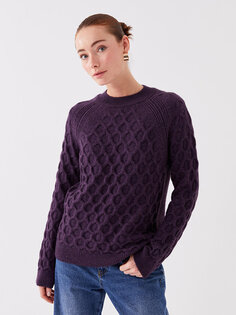 Женский трикотажный свитер с длинным рукавом с круглым вырезом и узором LCWAIKIKI Basic, светло-фиолетовый