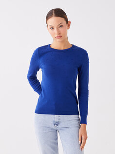 Женский трикотажный свитер с длинным рукавом с круглым вырезом и узором LCWAIKIKI Basic, светло-темно-синий
