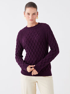 Женский трикотажный свитер с длинным рукавом с круглым вырезом и узором LCWAIKIKI Basic, слива