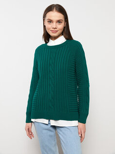 Женский трикотажный свитер с длинным рукавом с круглым вырезом и узором LCW Modest, темно-зеленый