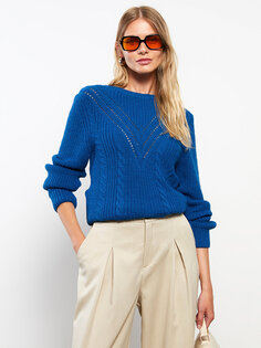Женский трикотажный свитер с длинным рукавом с круглым вырезом и узором LCWAIKIKI Basic, яркий синий