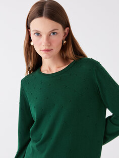 Женский трикотажный свитер с длинным рукавом с круглым вырезом и узором LCWAIKIKI Basic, средне-зеленый