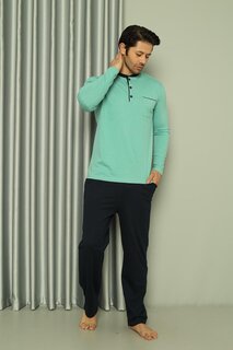 Мужской пижамный комплект с длинным рукавом, одинарный трикотаж, карман, хлопок, сезонный M58142264 ahengim, зеленый