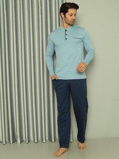 Мужской пижамный комплект с длинным рукавом, одинарный трикотаж, карман, хлопок, сезонный M58142264 ahengim, синий