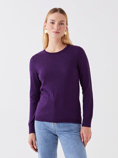 Женский трикотажный свитер с длинным рукавом с круглым вырезом и узором LCWAIKIKI Basic, темно фиолетовый