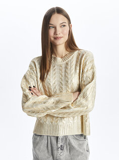 Женский трикотажный свитер с длинным рукавом с круглым вырезом и узором XSIDE, золото