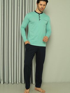 Мужской пижамный комплект с длинным рукавом, одинарный трикотаж, карман, хлопок, сезонный M58142264 ahengim, бирюзовый