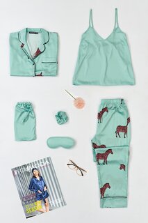 Зеленый атласный пижамный комплект из 6 предметов с узором «зебра» FOR YOU MODA