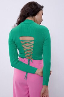 Зеленый вязаный свитер с полуводолазкой и открытой спиной SWK4445YE Sherin