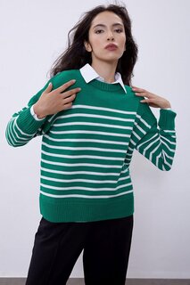 Зеленый вязаный свитер в полоску с круглым вырезом SWK4371YE Sherin