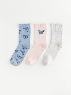 Набор из 3 женских носков с рисунком LCW DREAM, голубой меланж