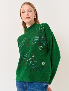 Зеленый трикотажный свитер с высоким воротником и длинными рукавами с цветочным принтом Jimmy Key