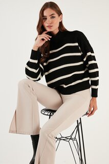 Зимний свитер в полоску с высоким воротником 4616118 Lela, бежево-черный