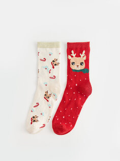 Набор носков для девочек с новогодней тематикой, 2 шт. LCW Kids, яркий красный
