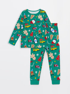 Новогодний тематический пижамный комплект для мальчика с круглым вырезом и длинными рукавами LCW baby, зеленый принт