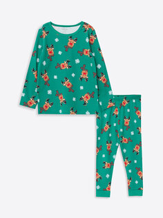 Новогодний пижамный комплект для мальчика с эластичной резинкой на талии LCW baby, изумрудно-зеленый с принтом