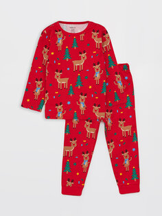 Новогодний тематический пижамный комплект для мальчика с круглым вырезом и длинными рукавами LCW baby, красный печатный