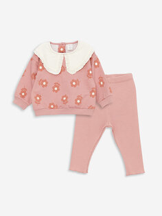 Толстовка и колготки для маленьких девочек с длинными рукавами и воротником-стойкой, комплект из 2 предметов LCW baby, розовый с принтом