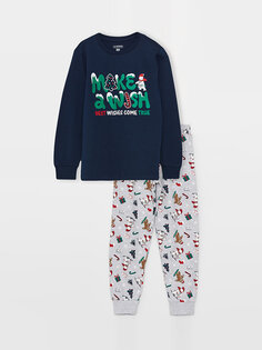 Новогодний тематический пижамный комплект с круглым вырезом для мальчика с длинными рукавами LCW Kids, темно-синий