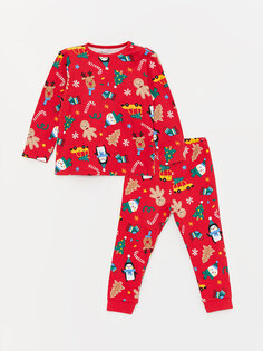 Новогодний тематический пижамный комплект для мальчика с круглым вырезом и длинными рукавами LCW baby, красный печатный