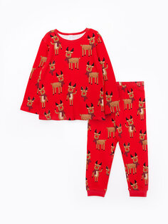 Новогодний тематический пижамный комплект для мальчика с круглым вырезом и длинными рукавами LCW baby, яркий красный принт