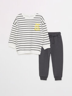 Толстовка и спортивные штаны для маленьких мальчиков с круглым вырезом и принтом LCW baby, экрю полосатый