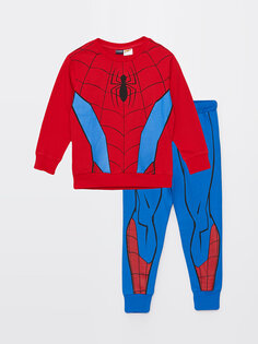 Толстовка и спортивные штаны с длинными рукавами и принтом «Человек-паук» для мальчиков с круглым вырезом LCW Kids, яркий красный