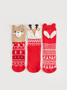 Носки для девочек на новогоднюю тематику, 3 шт. LCW Kids, яркий красный