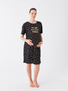 Ночная рубашка для беременных с круглым вырезом и принтом с короткими рукавами LCW DREAM, черный с принтом