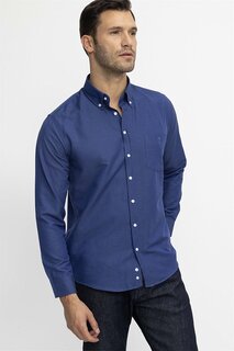 Классическая мужская рубашка цвета индиго с длинным рукавом и текстурированным воротником на пуговицах и карманах с вышивкой TUDORS