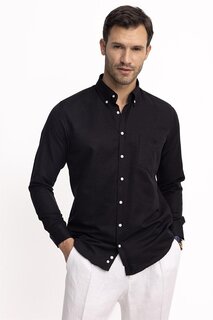 Классическая мужская черная рубашка с длинным рукавом и фактурным воротником на пуговицах и карманами с вышивкой TUDORS