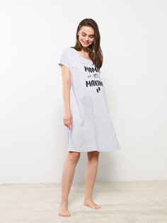 Ночная рубашка для беременных с круглым вырезом и принтом с короткими рукавами LCW DREAM, серый меланж