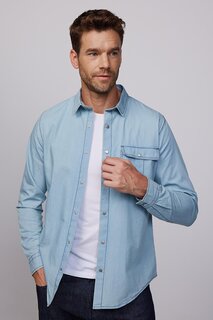 Облегающая джинсовая синяя мужская рубашка с длинным рукавом и одним карманом с клапаном TUDORS
