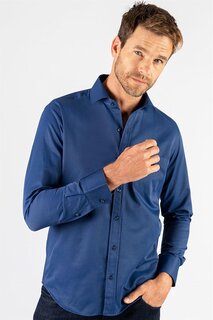 Классическая хлопковая однотонная мужская рубашка темно-синего цвета TUDORS