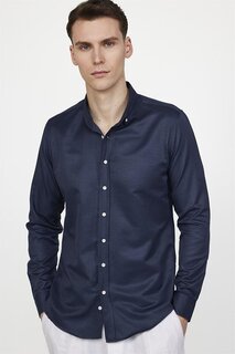 Облегающая хлопковая простая мужская рубашка, которую легко гладить TUDORS, темно-синий