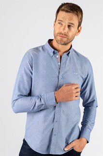 Облегающая хлопковая однотонная мужская рубашка легкого глажения синяя рубашка TUDORS, синий