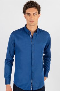 Облегающая хлопковая простая мужская рубашка с саксофоном, легкая глажка, синяя TUDORS, саксофон
