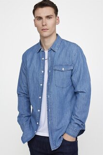 Облегающий крой Облегающий крой Хлопковая джинсовая синяя джинсовая рубашка с одним карманом TUDORS