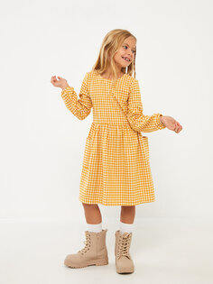Клетчатое платье для девочек с круглым вырезом и длинными рукавами LCW Kids