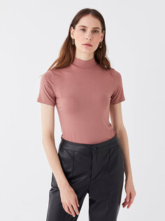 Обычная женская футболка с высоким воротником и короткими рукавами LCWAIKIKI Classic, матовый розовый
