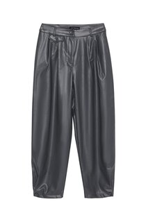 Кожаные брюки с высокой талией и пуговицами антрацитового цвета QUZU
