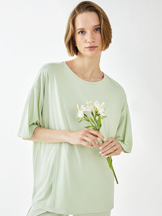 Однотонная женская пижамная рубашка с круглым вырезом и короткими рукавами LCW DREAM, пастельный зеленый
