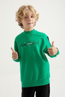 Толстовка стандартного кроя для мальчика с круглым вырезом и полосками с вышитым текстом зеленого цвета TOMMYLIFE