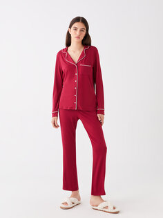 Однотонный женский пижамный комплект с воротником рубашки и длинными рукавами LCW DREAM, светло-бордовый