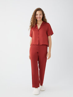 Однотонный женский пижамный комплект с воротником рубашки и короткими рукавами LCW DREAM, светло-бордовый