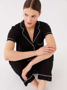 Однотонный женский пижамный комплект с воротником рубашки и короткими рукавами LCW DREAM, новый черный