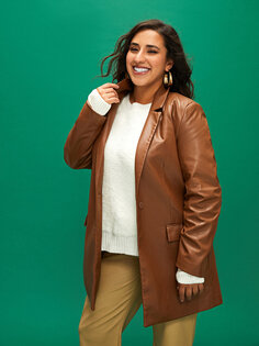 Однотонный женский пиджак из кожи с длинным рукавом LCW Modest, темно коричневый
