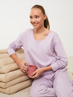 Однотонный женский пижамный комплект с V-образным вырезом и длинными рукавами LCW DREAM, сирень